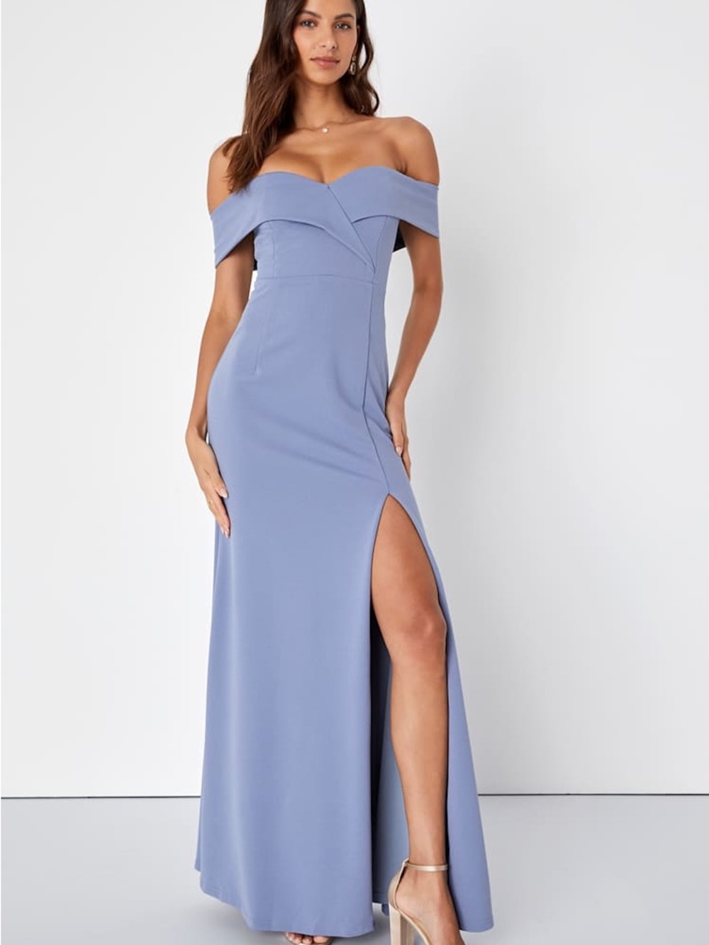 Lulus Song of Love Blue Grey Off-the-Shoulder Maxi Dress